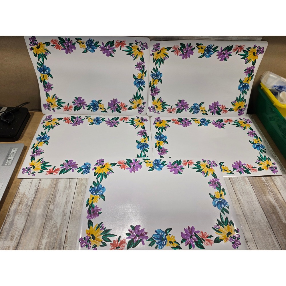 Cannon Vinyl Floral Placemat Set of 5 White Multi Color Flower‎ 13x19 PVC